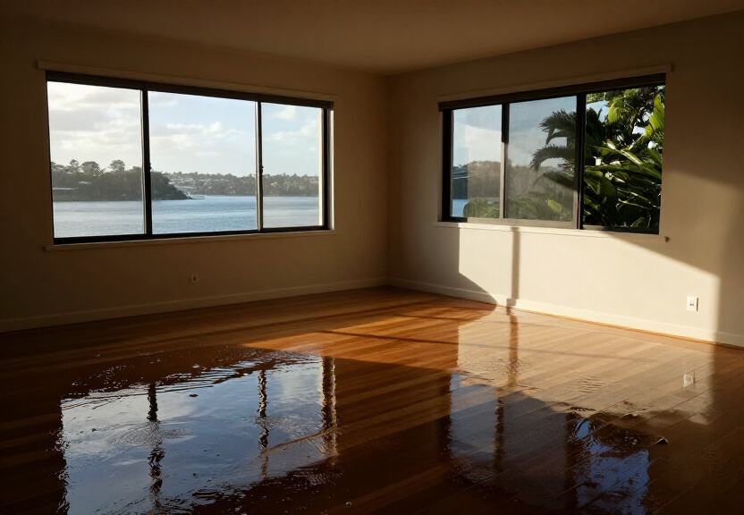 Flood-damaged living room in Spit Junction before restoration